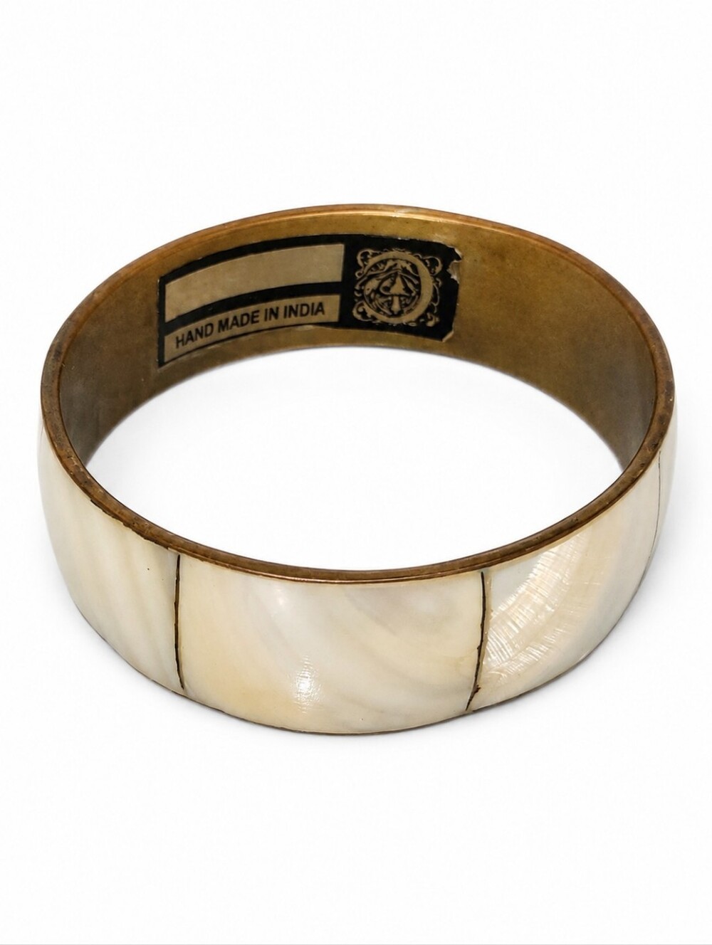 Vintage Handmade Brass Mother of Pearl Wide Bangle Bracelet 7.5" / 2.75" D